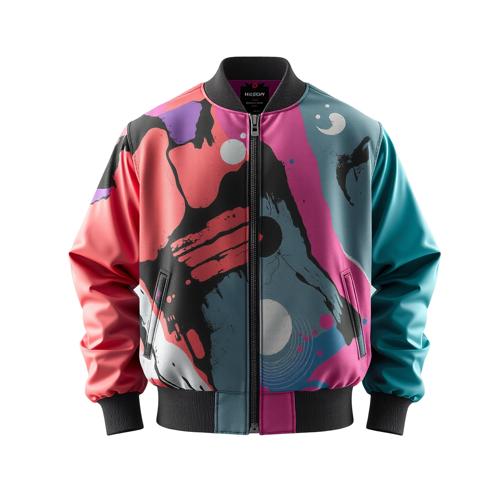 reversible bomber jacket in. Coral × Electric Violet × Teal -inspired by abstract art