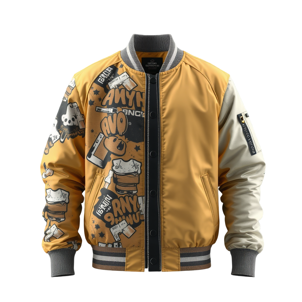 reversible bomber jacket in Warm Mustard × Cream Beige × Dusty Teal color with graffiti-inspired prints