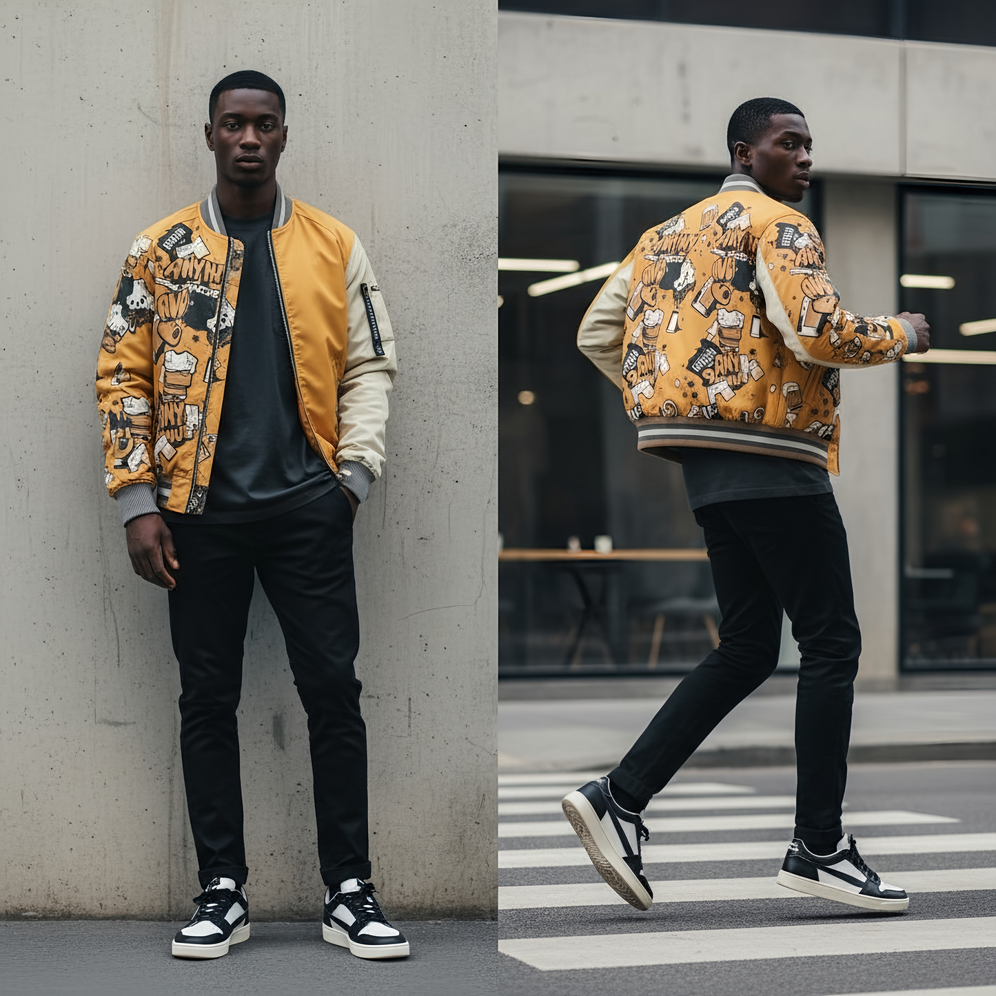 reversible bomber jacket in Warm Mustard × Cream Beige × Dusty Teal color with graffiti-inspired prints