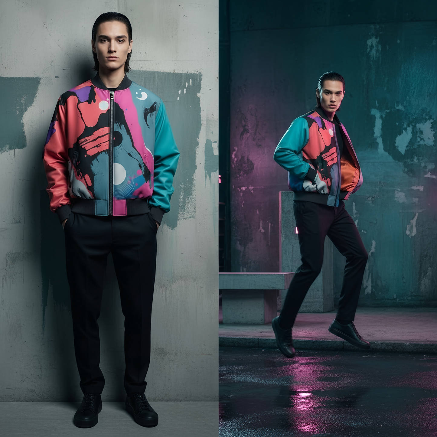 reversible bomber jacket in. Coral × Electric Violet × Teal -inspired by abstract art
