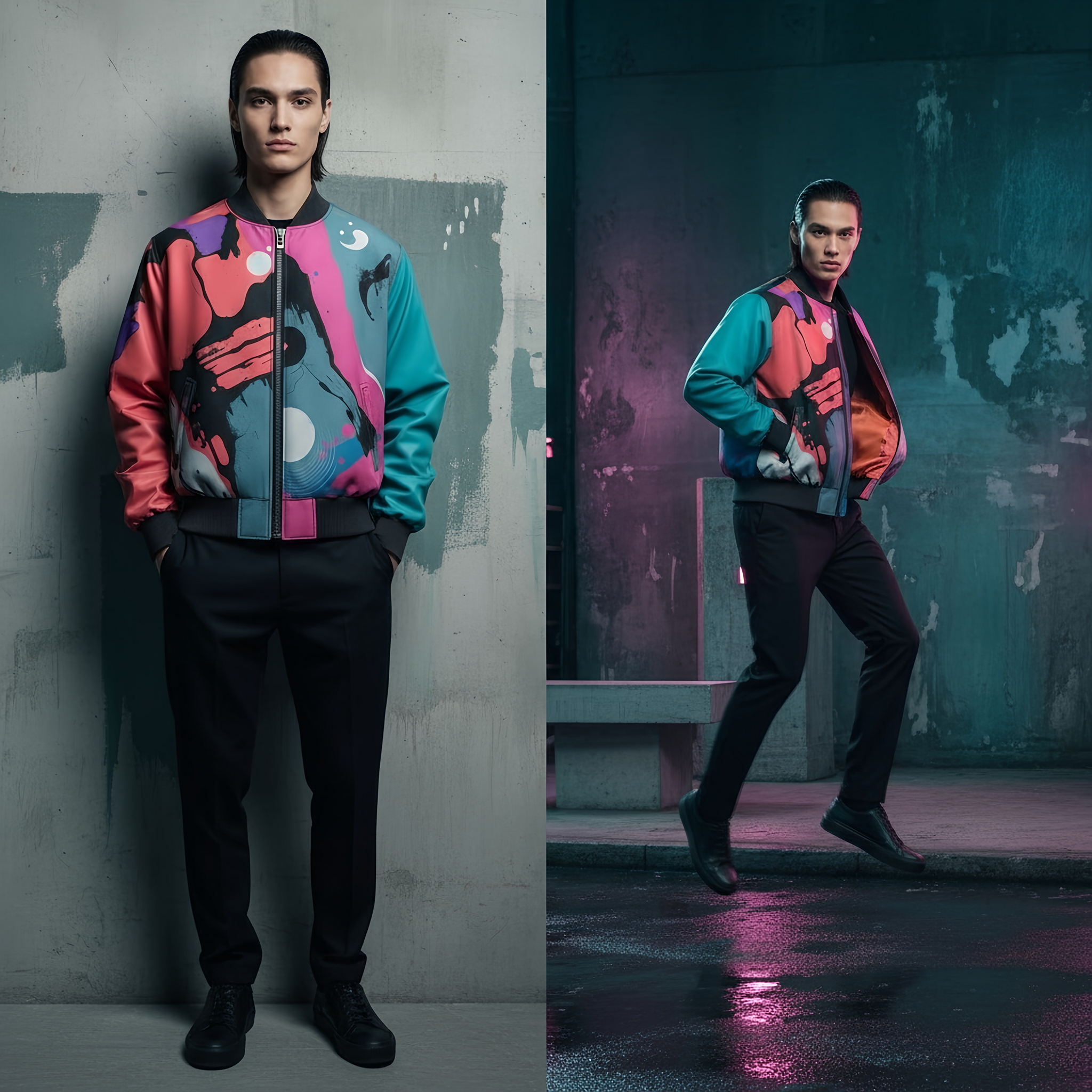 reversible bomber jacket in. Coral × Electric Violet × Teal -inspired by abstract art