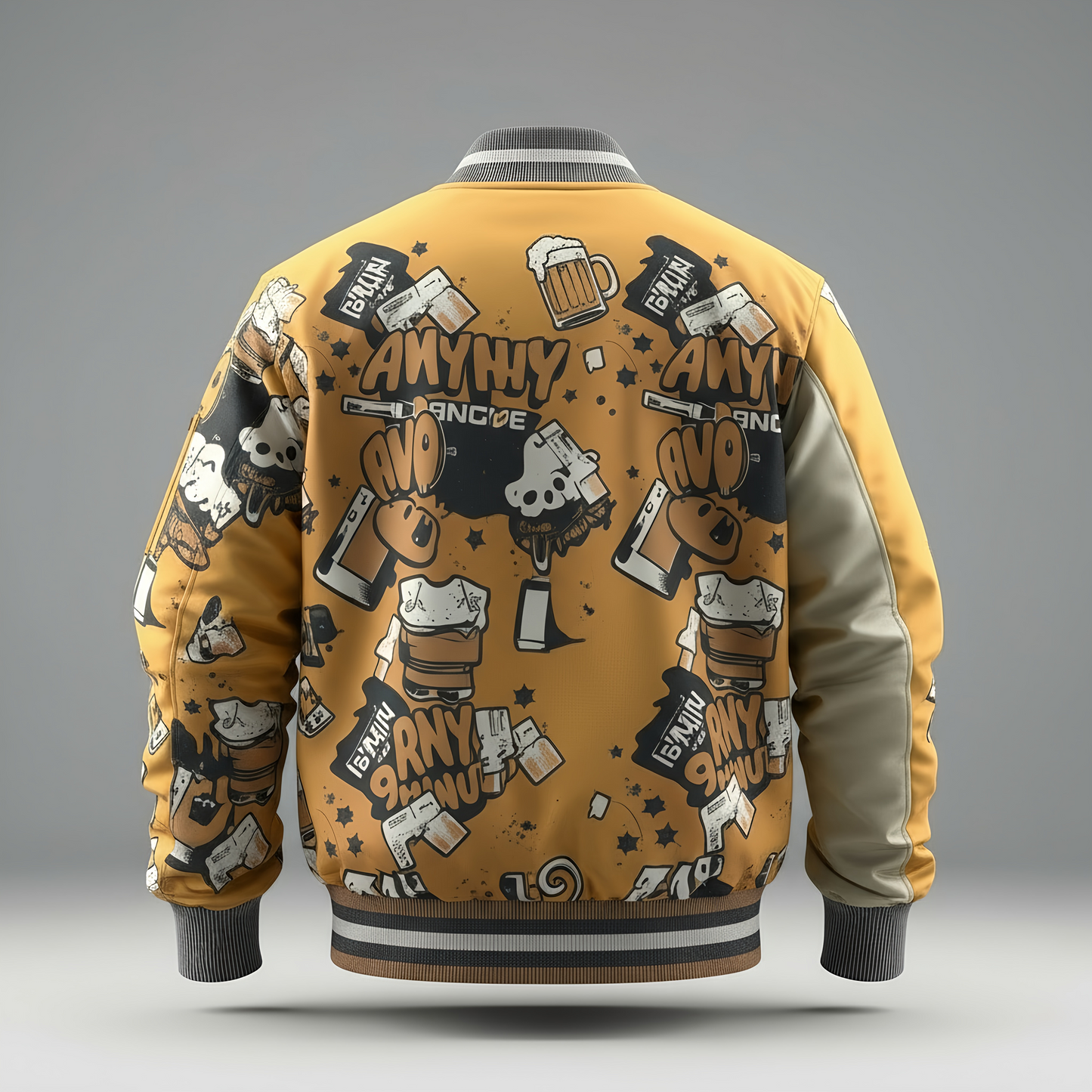 reversible bomber jacket in Warm Mustard × Cream Beige × Dusty Teal color with graffiti-inspired prints